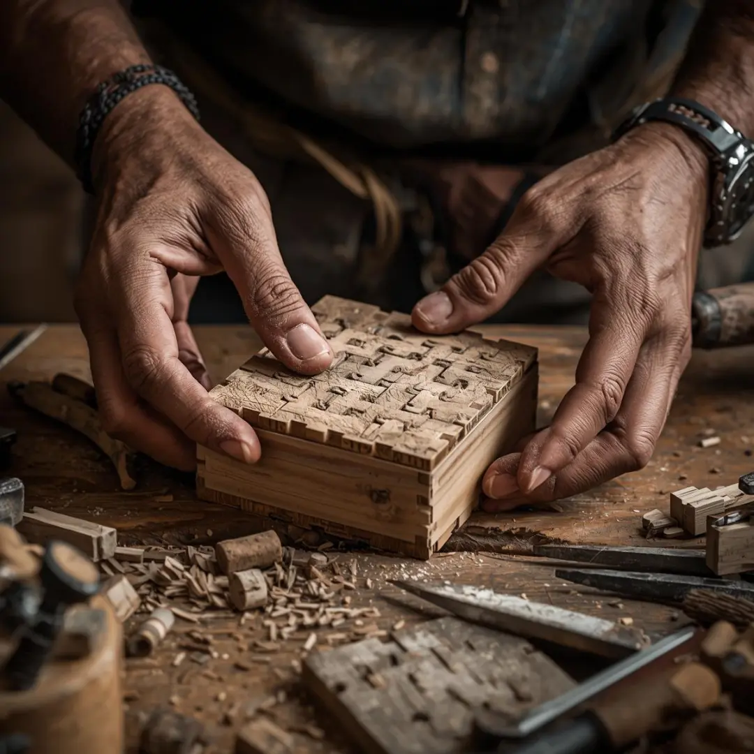 Manos de artesano trabajando madera
